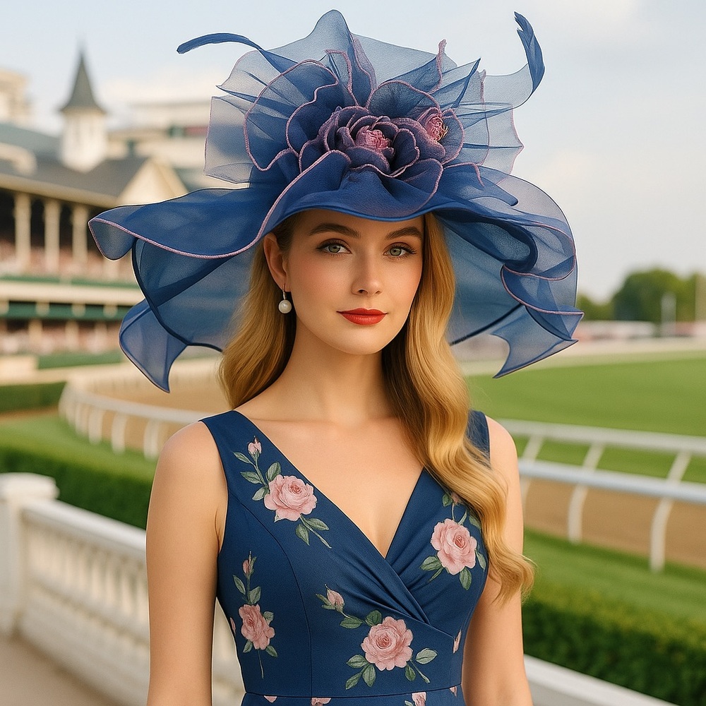 Kentucky Derby Hat Navy Flower Accent Organza Feathers Wide Brim Showstopper